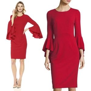 Maggy London Ruffle Bell Sleeve Red Dress Size 8